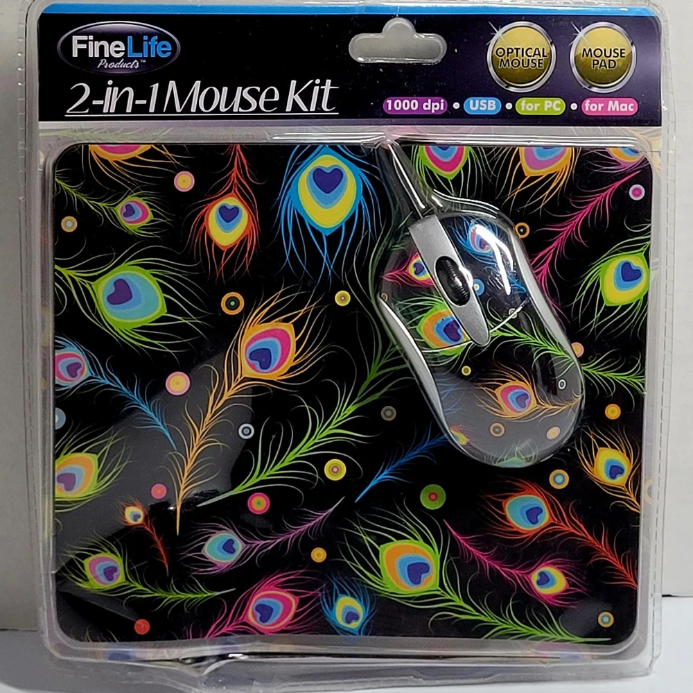 Fine Life Products 2-in-1 Mouse Kit Peacock Optical Mouse & Matching Mouse Pad N